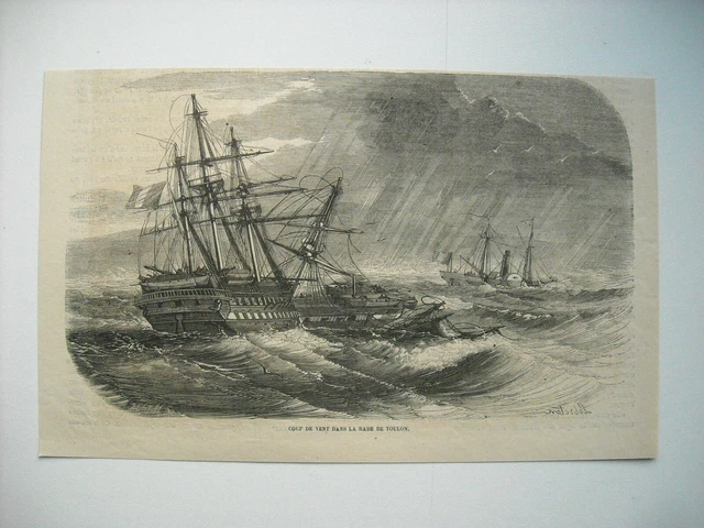 Gravure 1865. Coup De Vent Dans La Rade De Toulon.