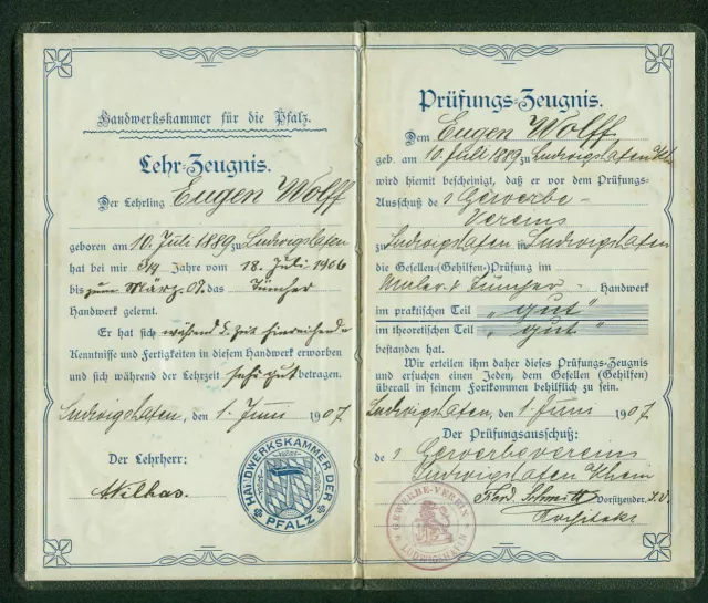 Altes Lehrzeugnis Gesellenbrief 1907 Maler und Tüncher Ludwigshafen Rhein Pfalz