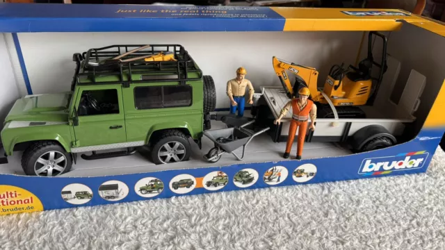 Bruder Land Rover Defender Jeep mit Anhänger JCB Mini Bagger und viel Zubehör