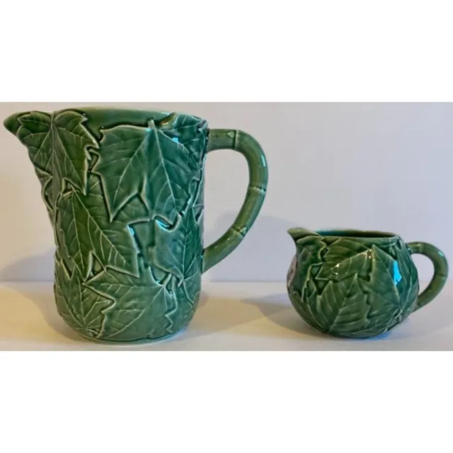 Vintage Bordallo Pinheiro Green Leaf Pitcher and Creamer Set. Made In Portugal.