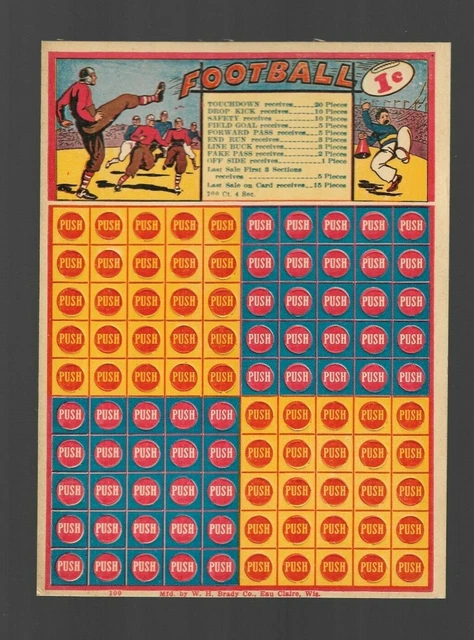 Vintage Football Punch Card Game Board 1c Punchcard W.H. BRADY CO