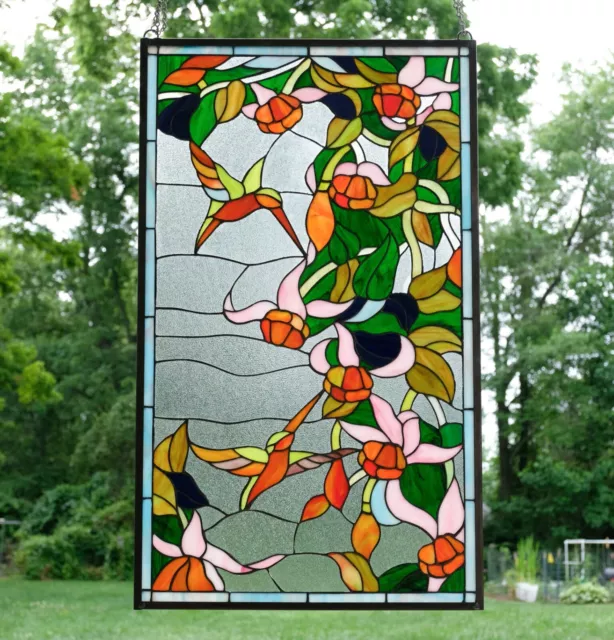 20.5" x 34.75" Handcrafted stained glass window panel Hummingbirds WL-043044208