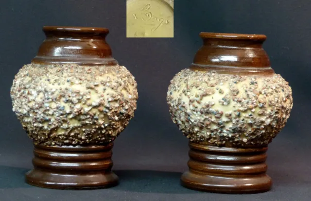 E 1930 rare paire pots originaux Louis Dage Art déco grès émaillé granité 15cm