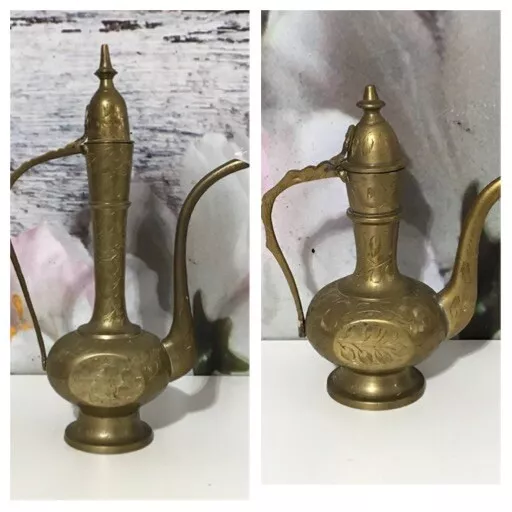 Vintage Lot 2 Ornate Etched Solid Brass Teapot Genie Lamps- India - Hand Made