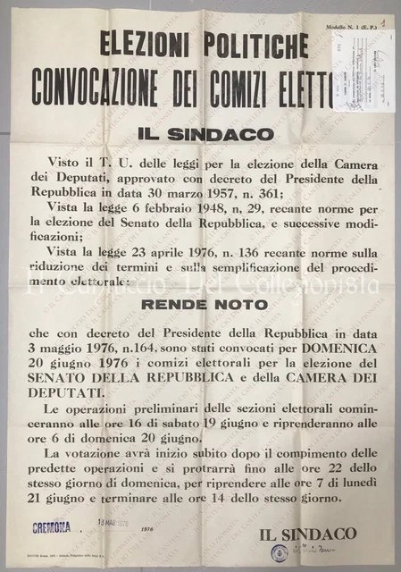 1976 CREMONA Elezioni politiche convocazione comizi elettorali Manifesto