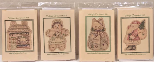 4 Nuevos en paquete Kits Vintage Look Ornamnet Chickadee Hueco Santa Cat Edredón Tienda Niña