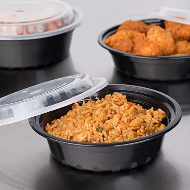Takeaway Food Containers Heavy Duty Black Base Round Reusable Plastic With Lids