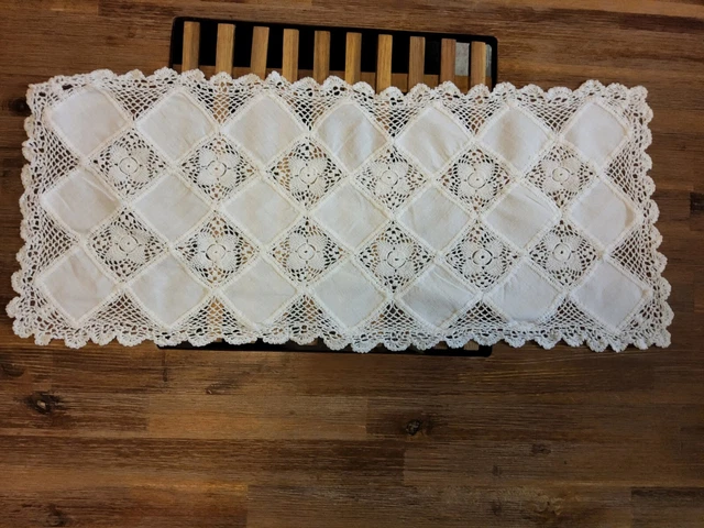 Vintage Cotton Linen Crochet Embroidery Handmade White Long Large Doily