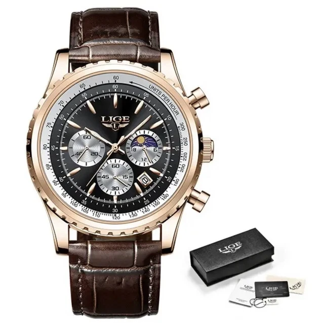 Orologio Cronografo Uomo Classico Luxury Lige Quarzo 46Mm Gold Black Nuovo 2023