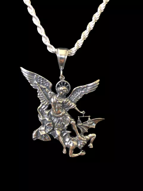 ST MICHAEL ARCHANGEL Pendant with Necklace 925 Silver Rope Chain Saint ...