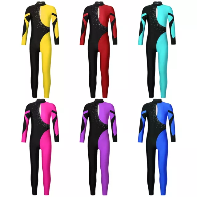 Girls One-Piece Catsuit Gymnastics Bodysuit Contrast Color Full Length Unitard