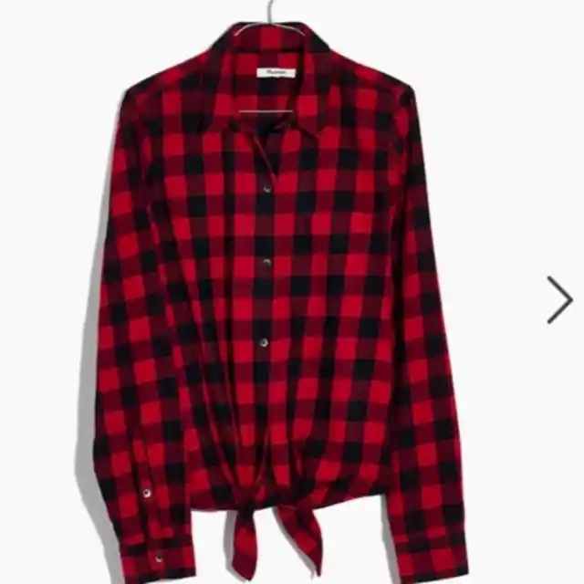 NWT Madewell Red Black Buffalo Plaid Tie Front