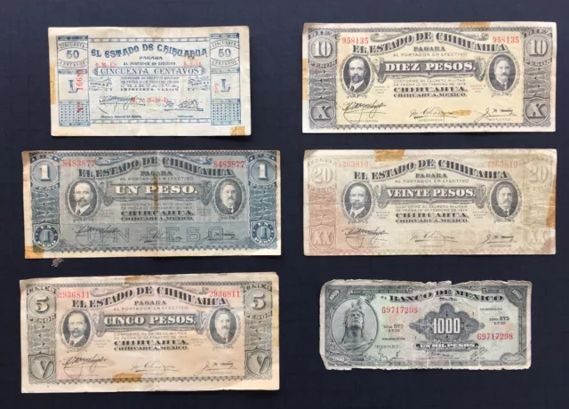 Lot of 6 Mexican Bank Notes: El Estado de Chihuahua & Banco de Mexico