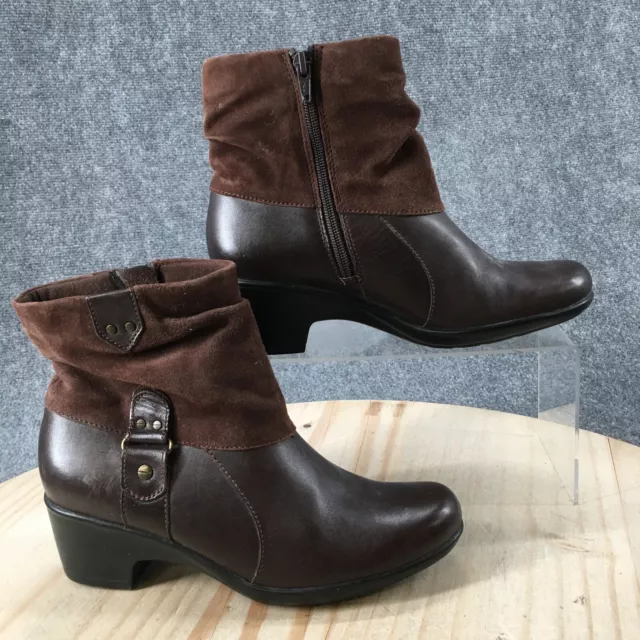 Clarks Boots Womens 6.5 M Ankle Booties Heels 15260 Brown Leather Suede Zip