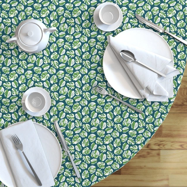 Round Tablecloth Green Wallpaper Plants Tropical Greenery Boho Cotton Sateen