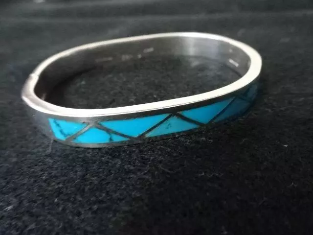 Vintage STERLING SILVER Hinged Bangle Bracelet 925 Taxco Mexico TURQUOISE Inlay