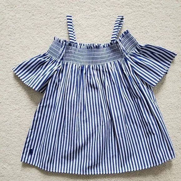Polo Ralph Lauren Girls' Blue/White Striped Off-Shoulder Top sz5