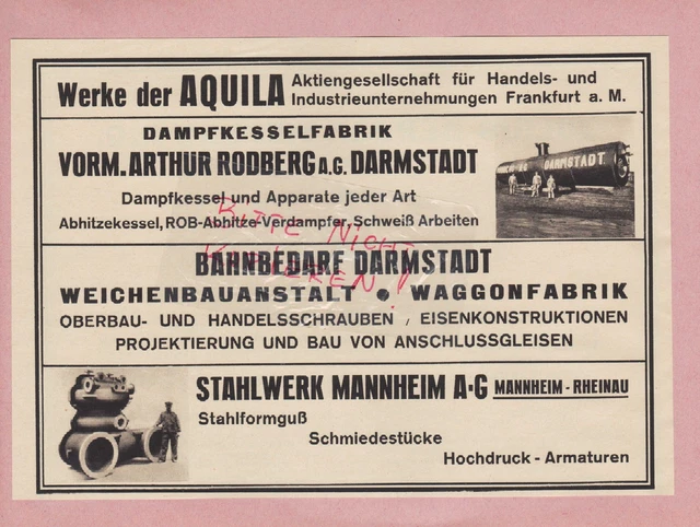 FRANKFURT/M., Werbung 1931, Aquila-Werke AG Dampfkesselfabrik Weichenbauanstalt