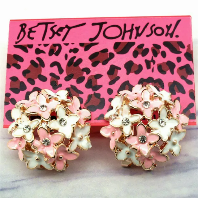 New Gold White & Pink Enamel Cluster Bouquet Button Style Flower Stud Earrings