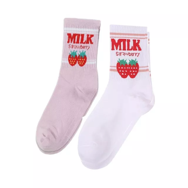 2 Sweet Milk Strawberry Women Girl Unisex Socks Harajuku Candy Color