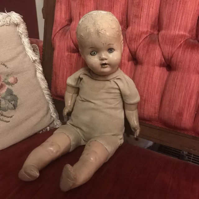 Creepy Composition Baby Doll Scary Halloween Prop 22” Tall Sleep Eyes Cloth Body