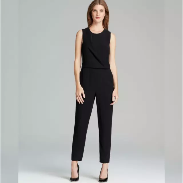 Theory Black Jumpsuit Daimine Register size 4 Crepe Sleeveless Zipper Hem DM