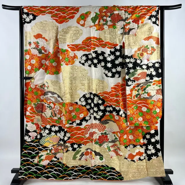Japanese Silk Kimono Vintage Furisode Gold Red Black Flower Fan Peony Cream 64"