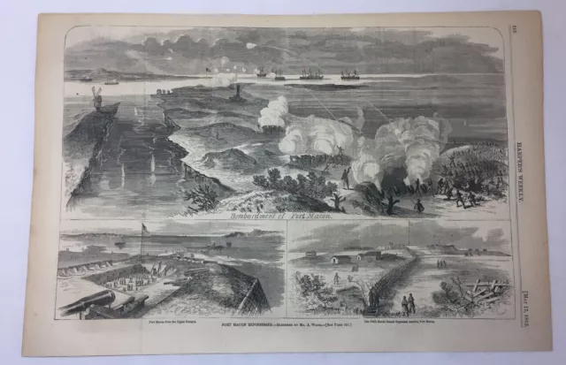 1862 magazine engraving~11x16 ~BOMBARDMENT OF FORT MACON