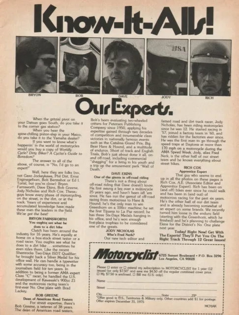 1975 Motorcyclist Experts - Vintage Motorcycle Ad