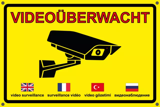 VIDEOÜBERWACHT Schild / Aufkleber, gelb, mehrsprachig, Warnung, Überwachung