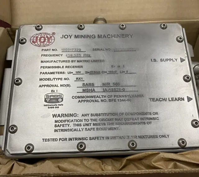 Joy Mining Machinery Part No 100017329 S/N 83507Ac051D Permissible Receiver