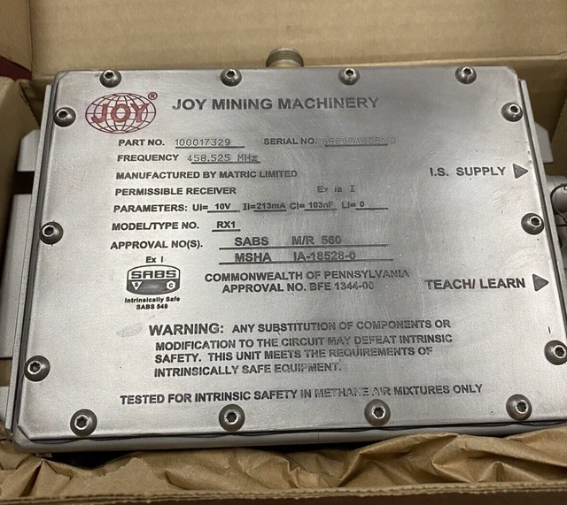 Joy Mining Machinery Part No 100017329 S/N 83507Ac051D Permissible Receiver