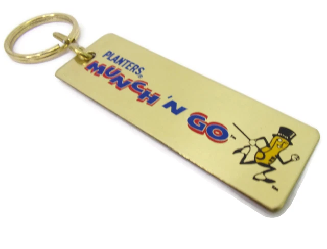 Vtg Brass Planters Peanuts Munch N Go Advertising Key Chain Fob w/ Mr Peanut
