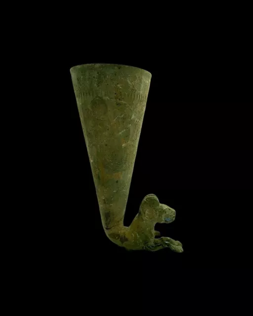Rare Antique Animal Ram Rhyton Bronze Vessel Engraved Near Eastern Historical