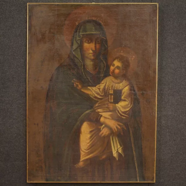 Gemälde Öl auf Leinwand Antike Madonna mit Kind religiös Bild 17. Jahrhunderts