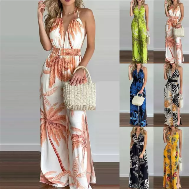 Womens Jumpsuit Rompers Summer Holiday Sleeveless V Neck Boho Floral Playsuit