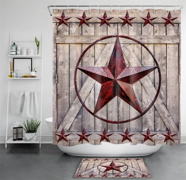 71" Star Texas Shower Curtain Rustic Barn Wood Door Bathroom Accessory Sets