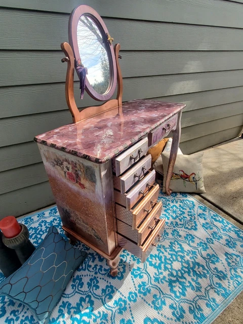 Antique French Provencial Restyled Vanity w/ Custom Resin Top & Metallic Paint