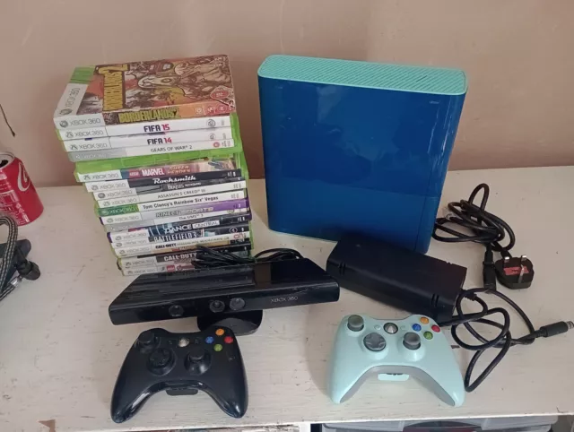 XBOX 360 E Special Edition Blue  Console Bundle 500GB Fully Tested 19x Games