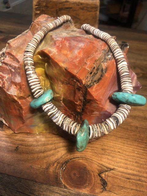 Men’s Huge Old Morenci Turquoise Nugget Sterling  19” Santo Olive Shell Heishi