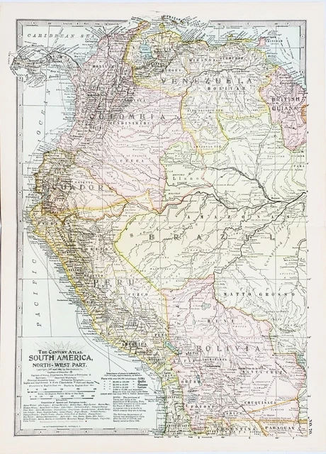 1906 South America Map Century Atlas Co. Bolivia British Guiana Amazon Colombia