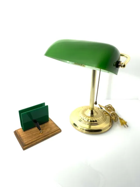 Vintage Bankers Brass Desk Lamp With Green Glass Shade