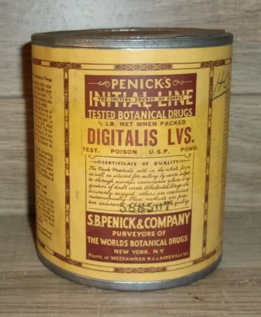 Antique 1920's? Penick's Crude Botanical Drugs Digitalis Lvs Metal/Tin Container