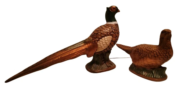 Arnel's Ringneck Pheasant Pair Cock & Hen Ceramic Inscribed Green/Brown Vintage