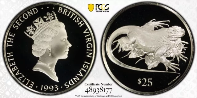 1993 -FM British Virgin Islands Silver $25 Large Anegada Iguana - PCGS PR69 DCAM