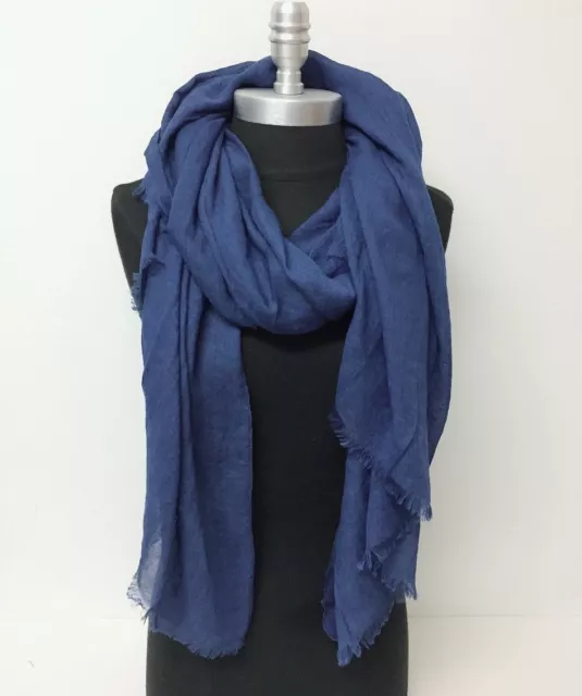Men Women Large Long Scarf Solid with frayed edge Soft Silky Shawl Wrap Blue