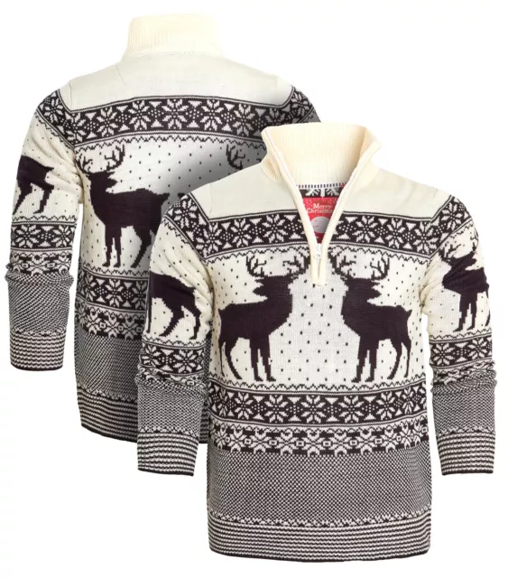 Mens Christmas Jumper Funnel Neck Sweater Reindeer Fairisle Size M L XL S Knit