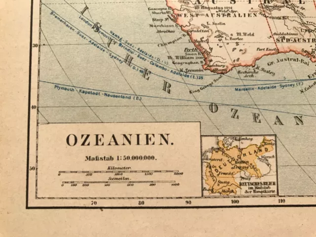 Landkarte Ozeanien, Australien, Kolonien, Polynesien, Meyer 1892