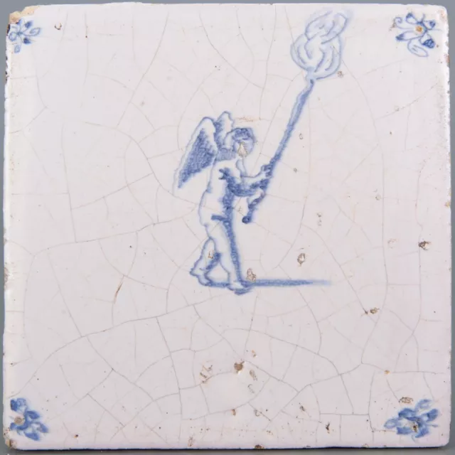 Nice Dutch Delft Blue tile, Amor with torch, late 17th century.