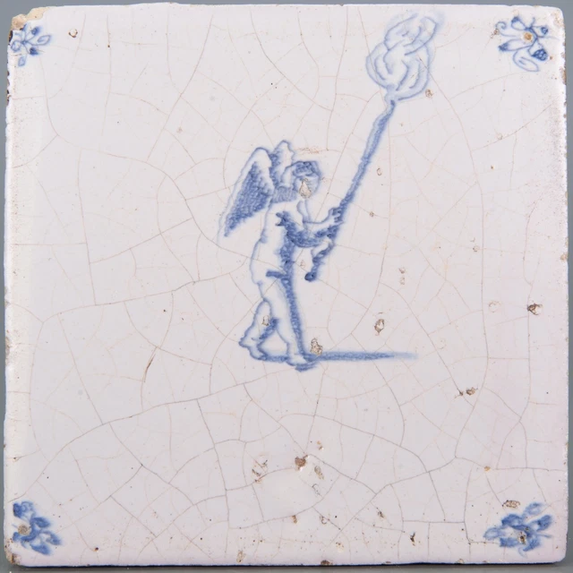 Nice Dutch Delft Blue tile, Amor with torch, late 17th century.